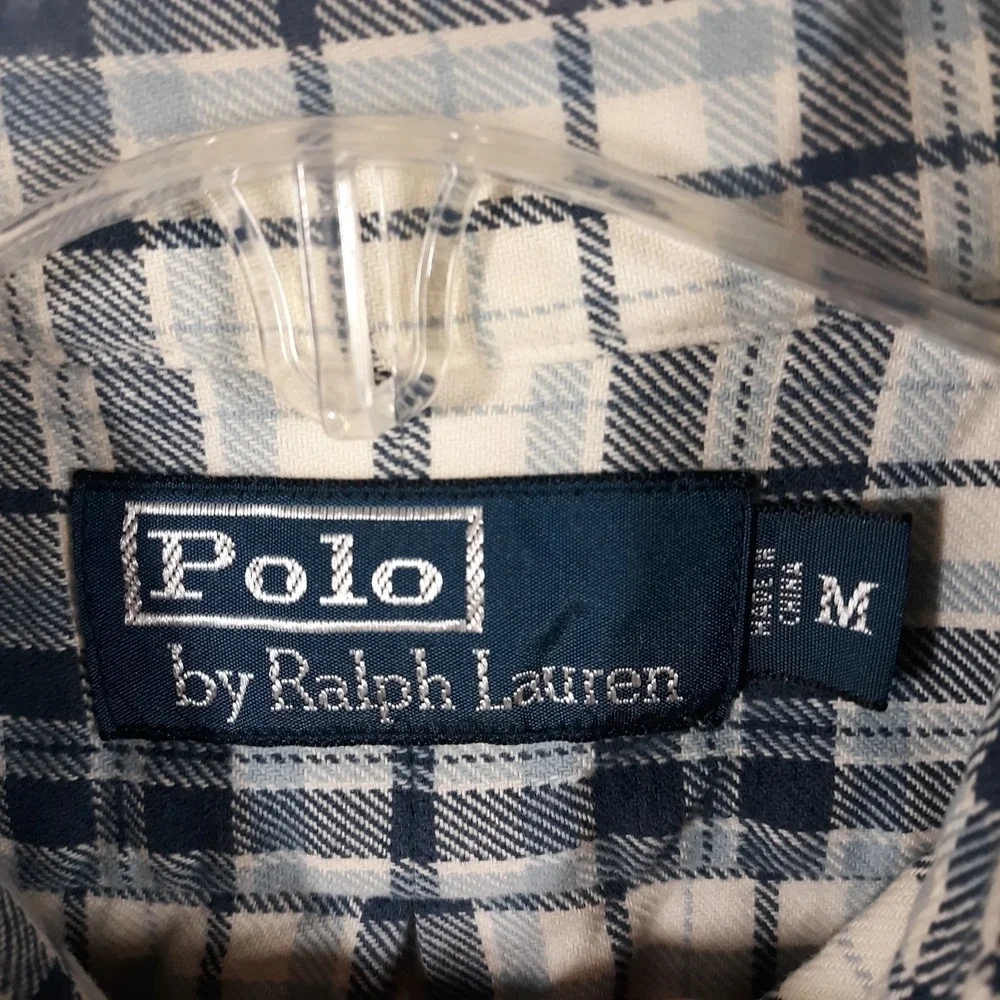 Polo Ralph Lauren Shirt Mens Medium Flannel Pockets Cotton White Blue